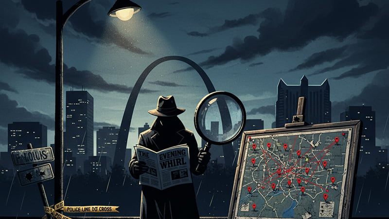 A noir-style illustration of a detective under a streetlight with a magnifying glass.