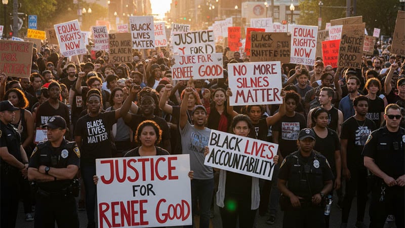 Protesters holding signs demanding justice for Renee Good during a nationwide demonstration sparked by a fatal ICE shooting in Minneapolis
