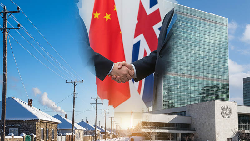 A digital collage representing world news: a winter scene in Ukraine, diplomatic flags of China and the UK, and the UN headquarters building.