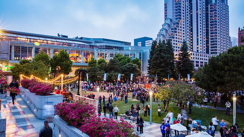 Yerba Buena Gardens in San Francisco comes alive during Super Bowl 2026 with festive lights, local art, and a vibrant community atmosphere.