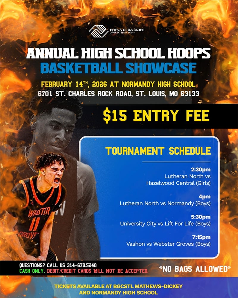 Boys & Girls Clubs of Greater St. Louis High School Hoops Showcase promotional poster with event details and fiery background.