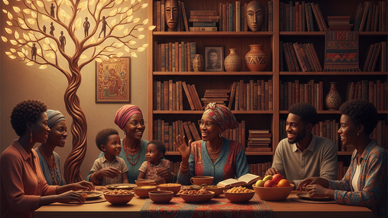 A diverse African American family sharing stories at a dinner table, with a glowing family tree and cultural artifacts in the background.
