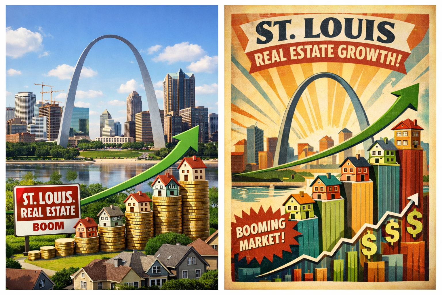 Split image showing St. Louis skyline with Gateway Arch; left side features modern houses stacked on gold coins, right side displays vintage style houses on pillars, both with upward green arrows indicating growth.
