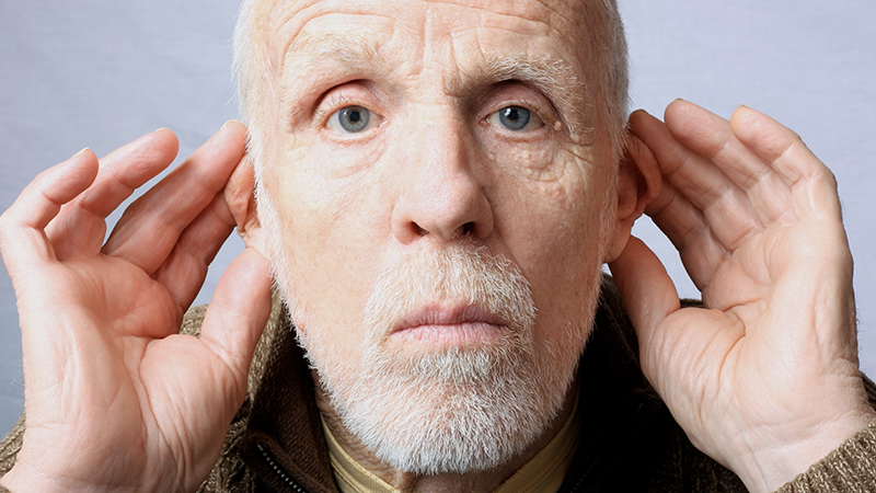 Symptoms of age-related hearing loss, including difficulty hearing conversations and ringing in the ears.