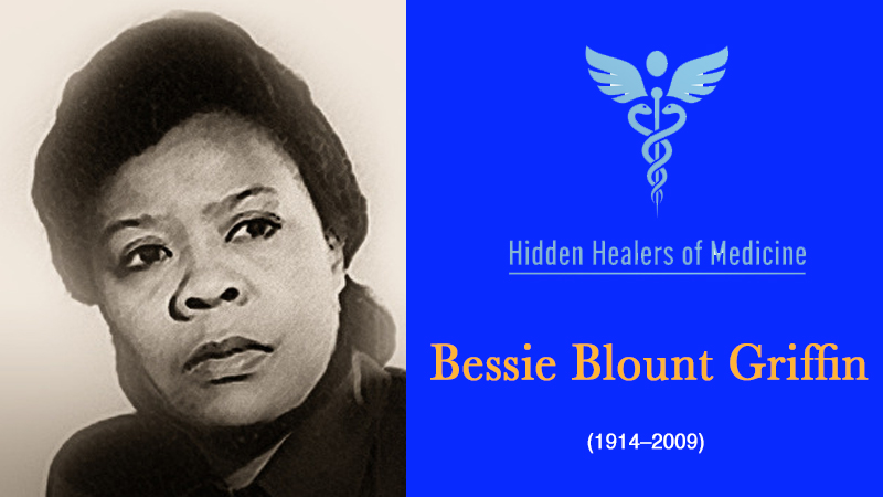 Sepia portrait of Bessie Blount Griffin, a pioneer in rehabilitation medicine, with a blue panel highlighting her contributions.