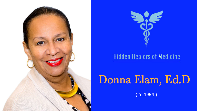 Portrait of Dr. Donna Elam, a dark-skinned woman with dark hair pulled back, wearing gold hoop earrings, a gold statement necklace, and a light-colored cardigan over a patterned top. She is smiling warmly against a plain white background, with a blue section beside her featuring the text 'Hidden Healers of Medicine,' her name, and birth year.