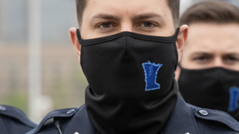 Two individuals in dark uniforms wearing black face masks with a blue Minnesota state emblem, one in focus and the other blurred in the background.