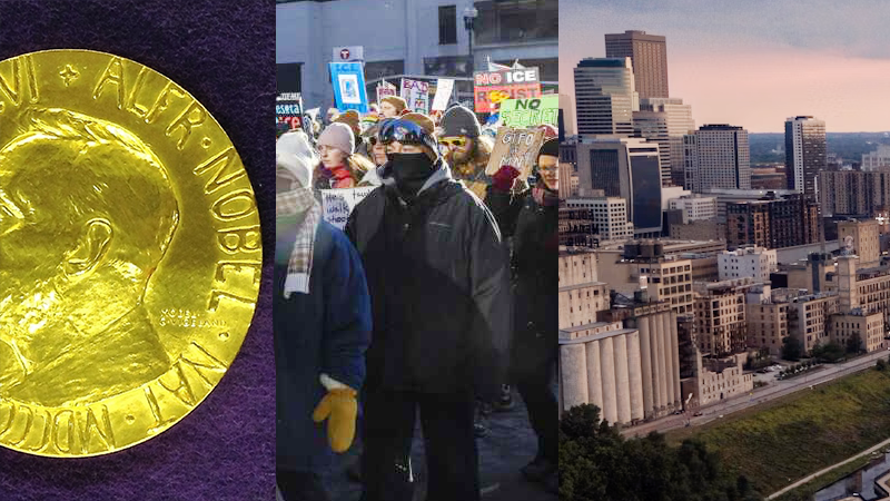 A triptych image featuring a Nobel Prize medal, a protest scene, and a city skyline at dawn or dusk.