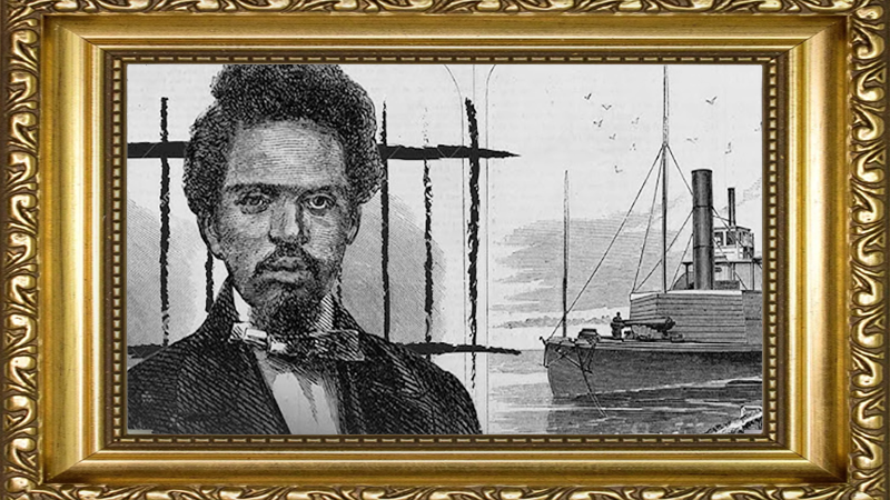 Black and white illustration of Robert Smalls, a historical African American figure, alongside a steamship, framed in an ornate golden border.