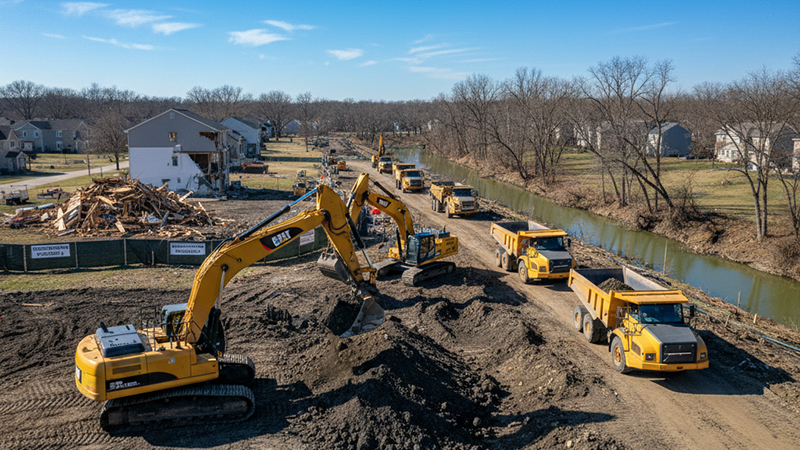 Construction site near Coldwater Creek with heavy machinery removing radioactive soil and suburban homes in the background.