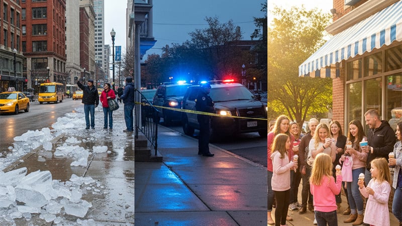 Collage of St. Louis ice debris, a police car at a crime scene, and a crowd outside Betty Rae’s ice cream shop in Kansas City.