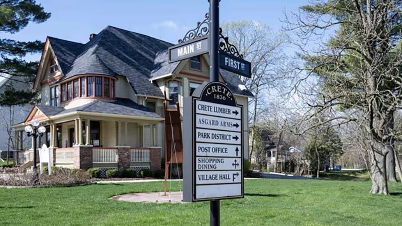 A street intersection in the village of Crete, featuring a historic-style house with cream siding and red trim, a black signpost with street signs for "MAIN ST" and "FIRST ST," and a white information sign listing local destinations like the post office, park district, and dining options. The scene includes a green lawn, mature trees, and a clear blue sky.