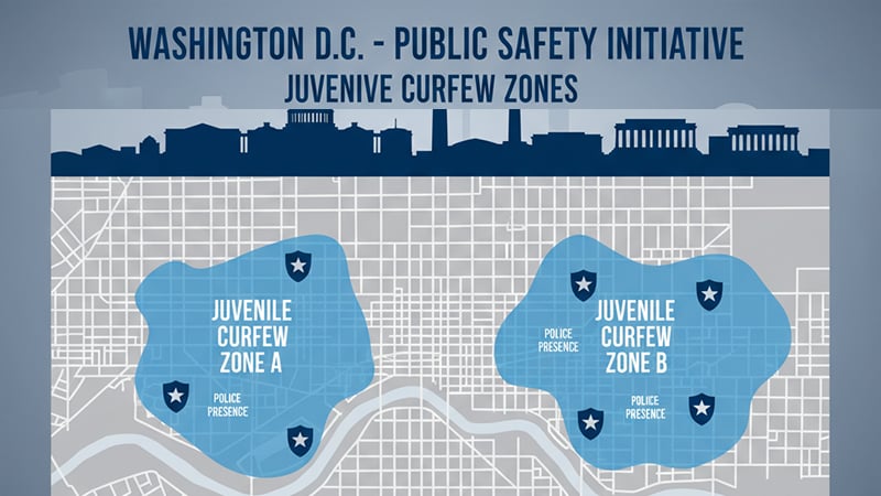 Map of Washington, D.C., highlighting juvenile curfew zones implemented by police, effective March 6, with a focus on public safety.