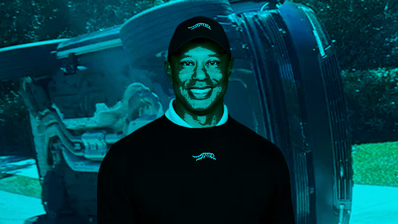 A digitally manipulated image with a heavy blue filter showing a smiling Tiger Woods in the foreground with a crashed, overturned vehicle in the background.
