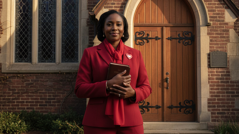 African American woman in red holding a Bible outside a church, symbolizing heart health awareness in February.