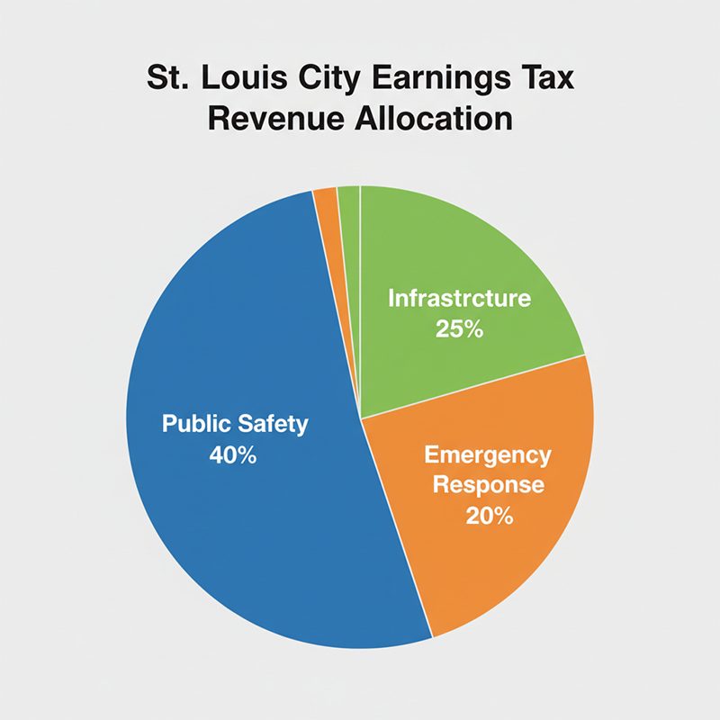 Pie chart illustrating the allocation of St. Louis City Earnings Tax revenue across public safety, infrastructure, emergency response, and neighborhood services.