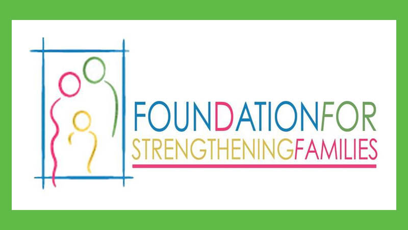 Logo of the Foundation for Strengthening Families featuring colorful abstract figures of a family within a blue hand-drawn frame, alongside the organization's name in multi-colored uppercase text."