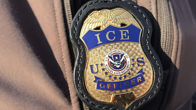 Close-up of a U.S. Immigration and Customs Enforcement (ICE) officer's gold badge, featuring the Department of Homeland Security seal, displayed on a brown uniform with a visible zipper.