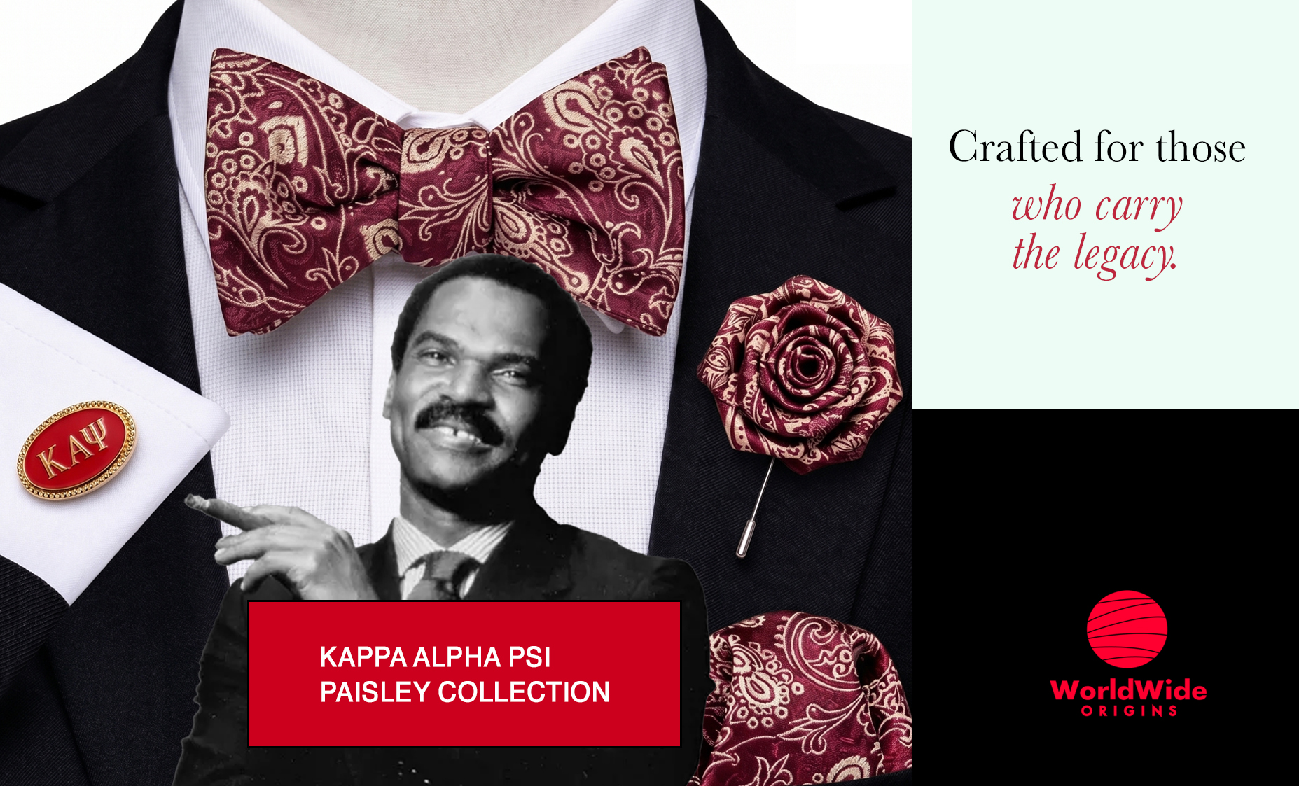 A formal suit featuring the Kappa Paisley Collection bowtie, lapel flower, and pocket square, symbolizing Kappa Alpha Psi's legacy of excellence.
