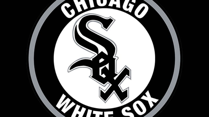Circular Chicago White Sox logo featuring a stylized "Sox" emblem in black and gray, encircled by the words "CHICAGO" and "WHITE SOX" on a black and white background.