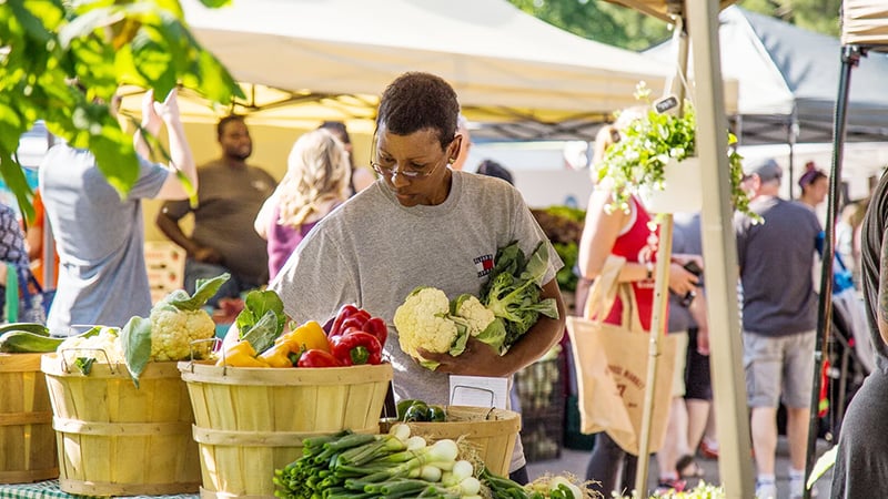 A vibrant display of fresh vegetables and fruits at one of the top farmers markets in St. Louis.