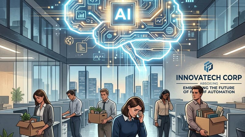 Office workers packing belongings under the shadow of a glowing AI brain, symbolizing automation's impact on jobs.