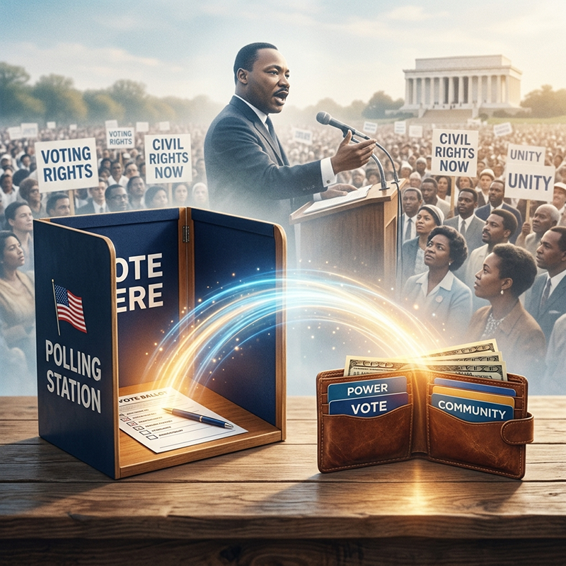 Illustration of dual voting with a voting booth and wallet, symbolizing