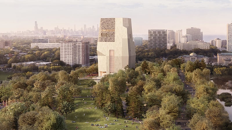 Chicago news roundup showing the Obama Presidential Center campus in Jackson Park