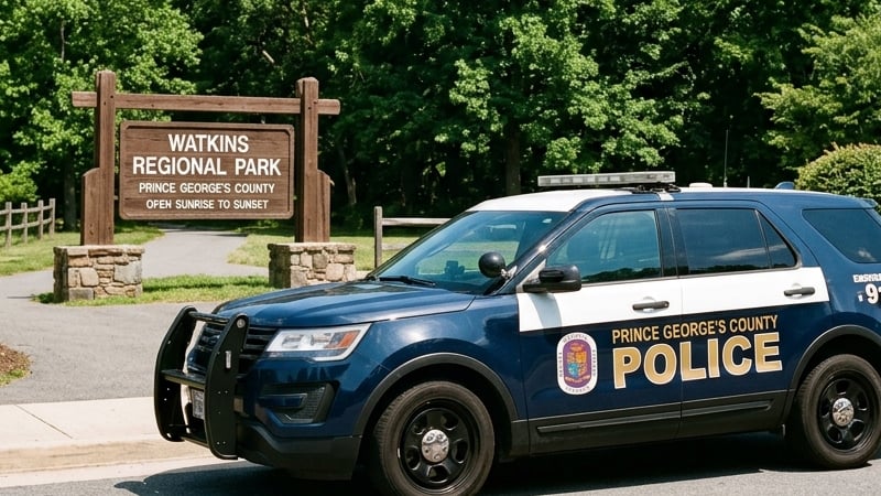 A Prince George's County Police cruiser parked at the entrance of Watkins Regional Park, with a wooden park sign and lush green trees in the background.