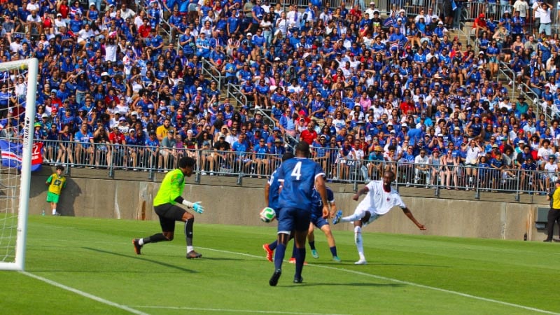 Cape Verde national team players celebrating a goal during the Cape Verde vs Bermuda international friendly match at Rentschler Field.