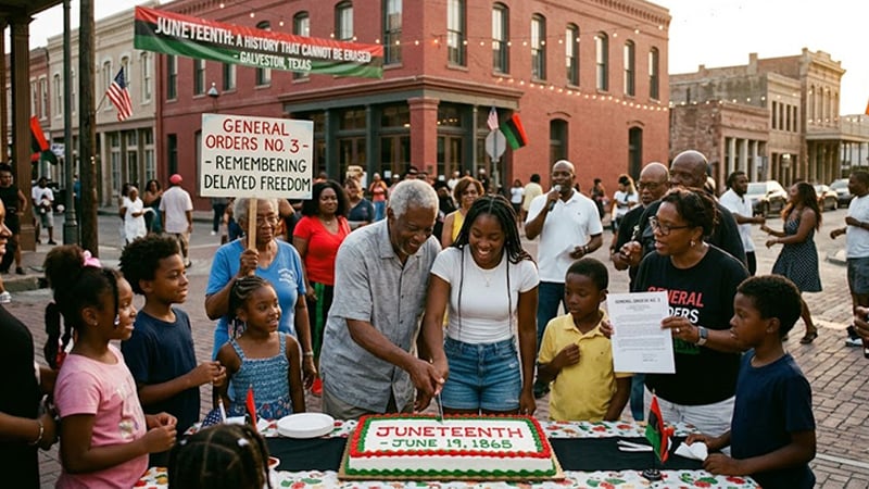 A diverse community gathering outdoors to celebrate Juneteenth history, standing around a large celebration cake reading Juneteenth June 19, 1865.