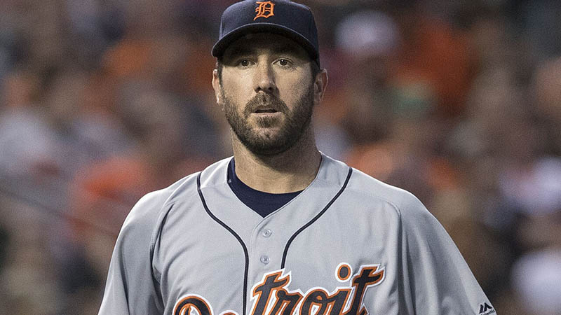 Justin Verlander on the mound for the Detroit Tigers during his final active season.