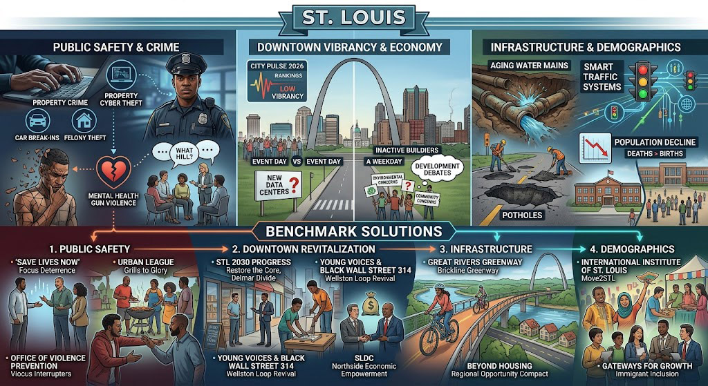 Infographic detailing St. Louis 2026 challenges and solutions across public safety, downtown vibrancy, infrastructure, and demographics.