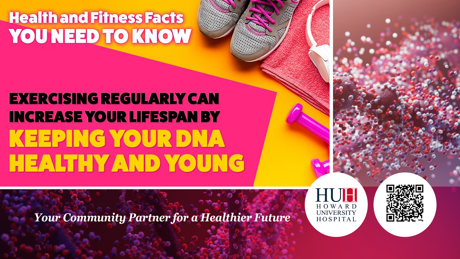 Health tips of the week graphic showing running shoes and dumbbells explaining exercise DNA longevity.
