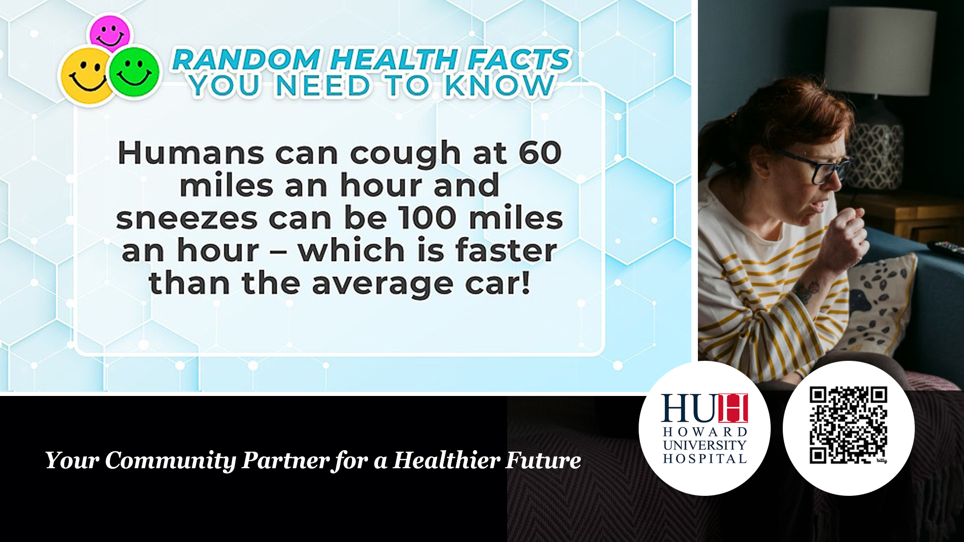 Random health facts image displaying a woman coughing next to text about sneeze velocity.