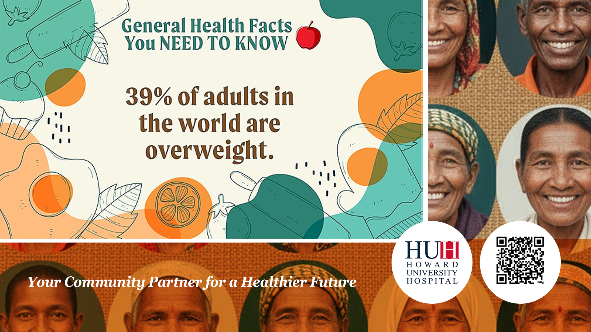 Global health statistics regarding weight management shown next to a diverse collage of adult faces.