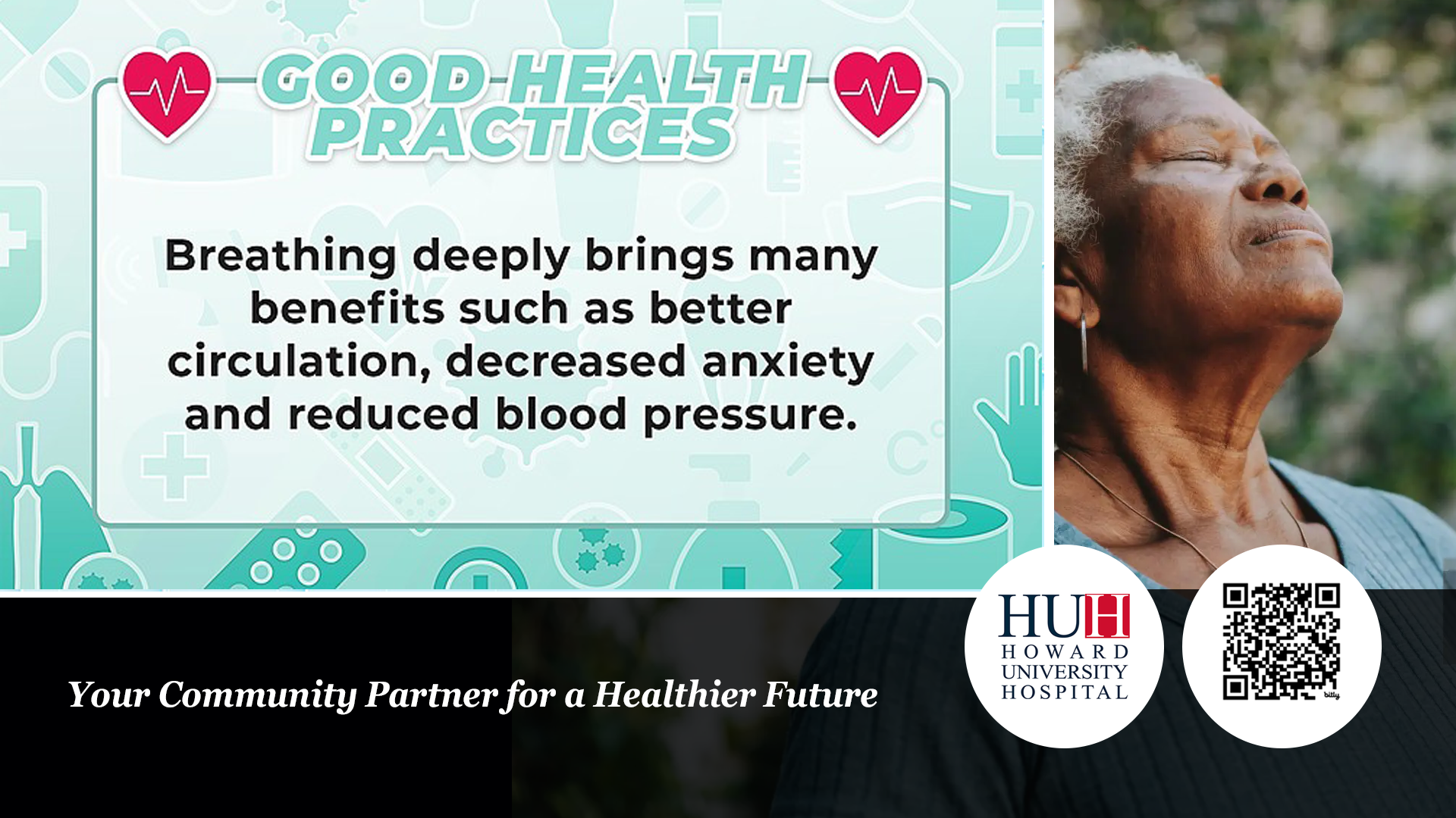 An elderly woman engaging in simple wellness interventions by closing her eyes and breathing deeply outdoors.
