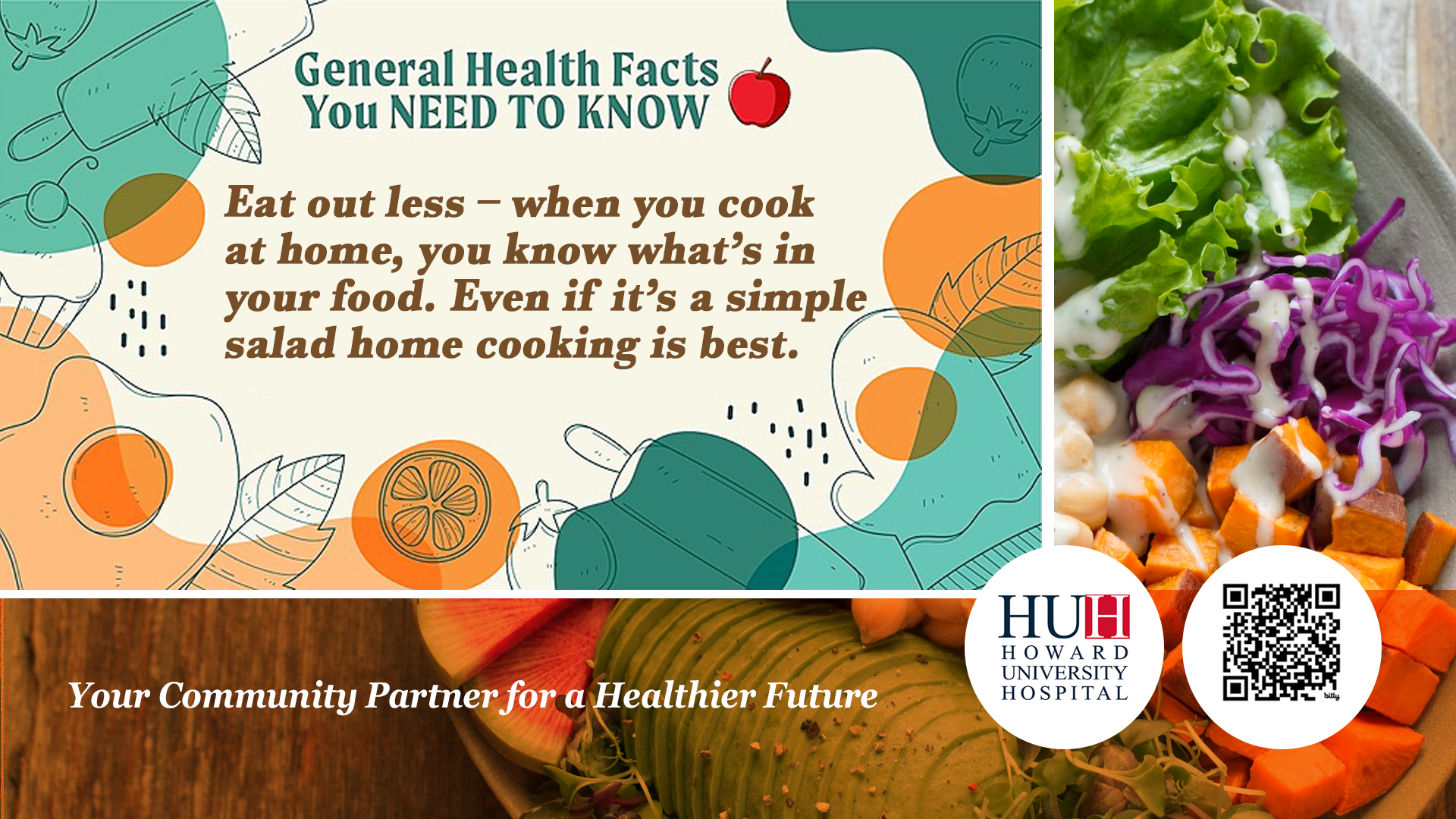 Daily wellness health tips panel explaining the benefits of home-cooked meals and salads.