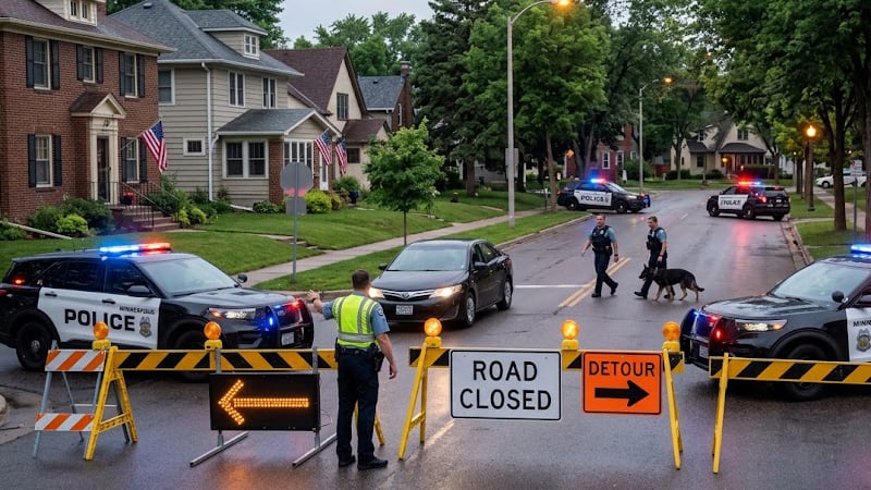 Police officers patrolling a neighborhood street under newly enacted Minnesota public safety laws.