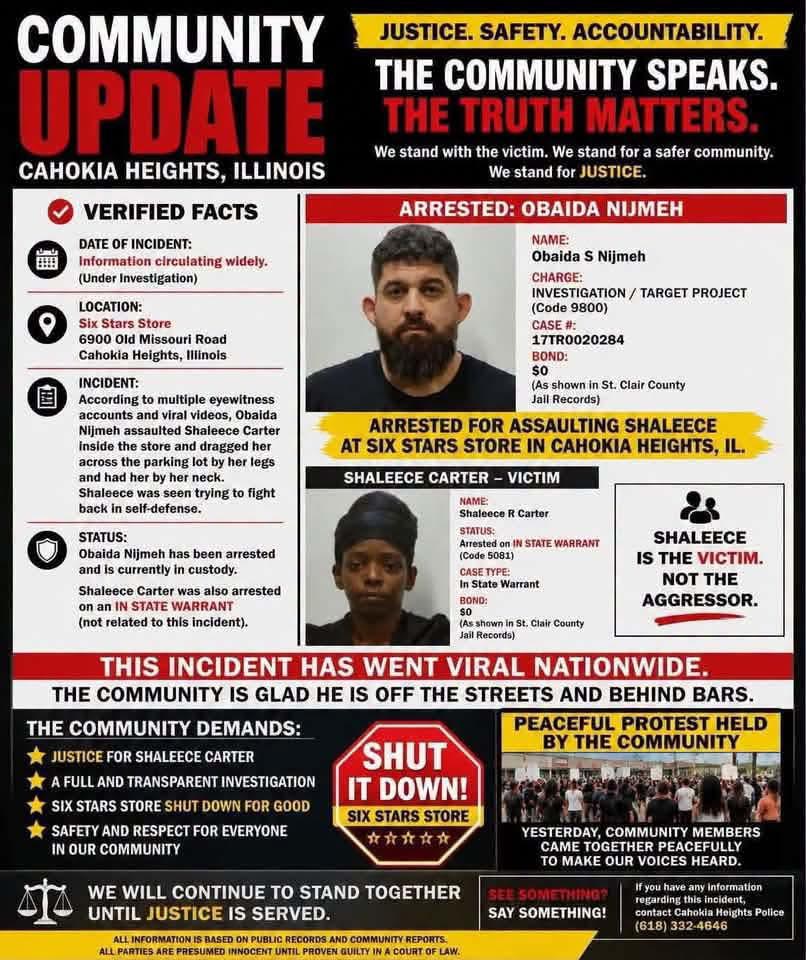 Community flyer demanding justice for Shaleece Carter after the Cahokia Heights viral parking lot assault.
