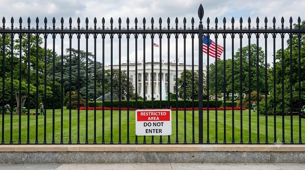 Capital infrastructure overhauls showing the black steel security perimeter fence at the U.S. White House with a restricted area do not enter sign.