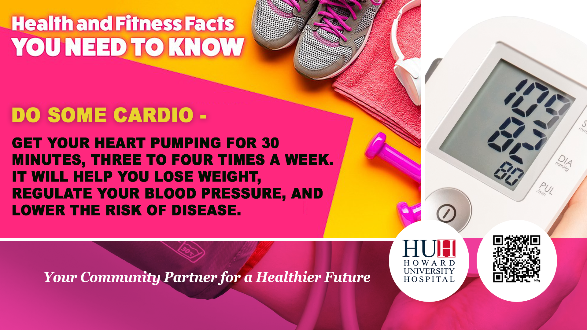 Health and Fitness Facts slide emphasizing 30 minutes of cardio next to a digital blood pressure monitor showing a reading.