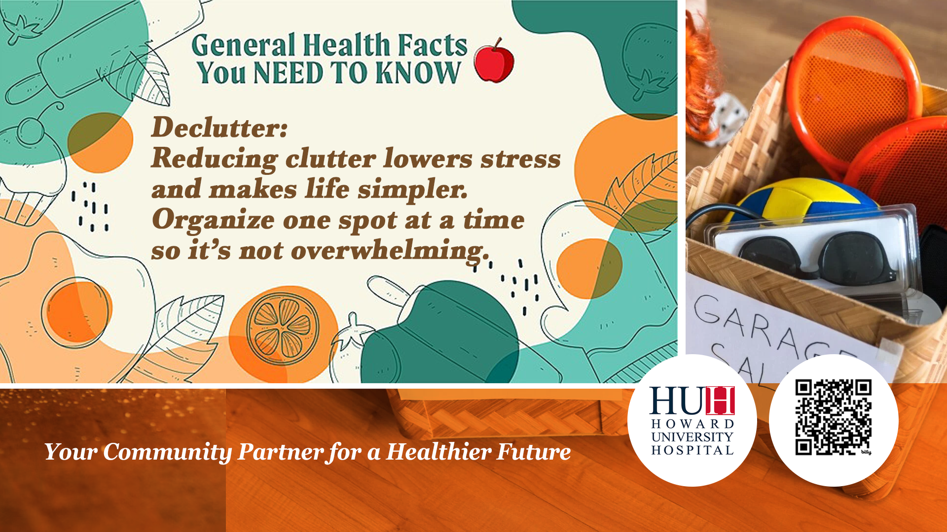 Graphic displaying general health facts on decluttering with Howard University Hospital branding and a garage sale box.