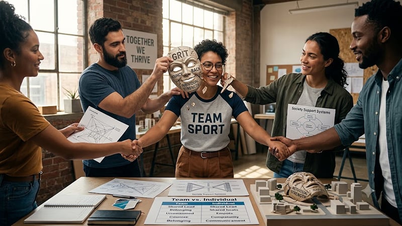 A diverse team working together to unmask resilience as a team sport around a shared table.
