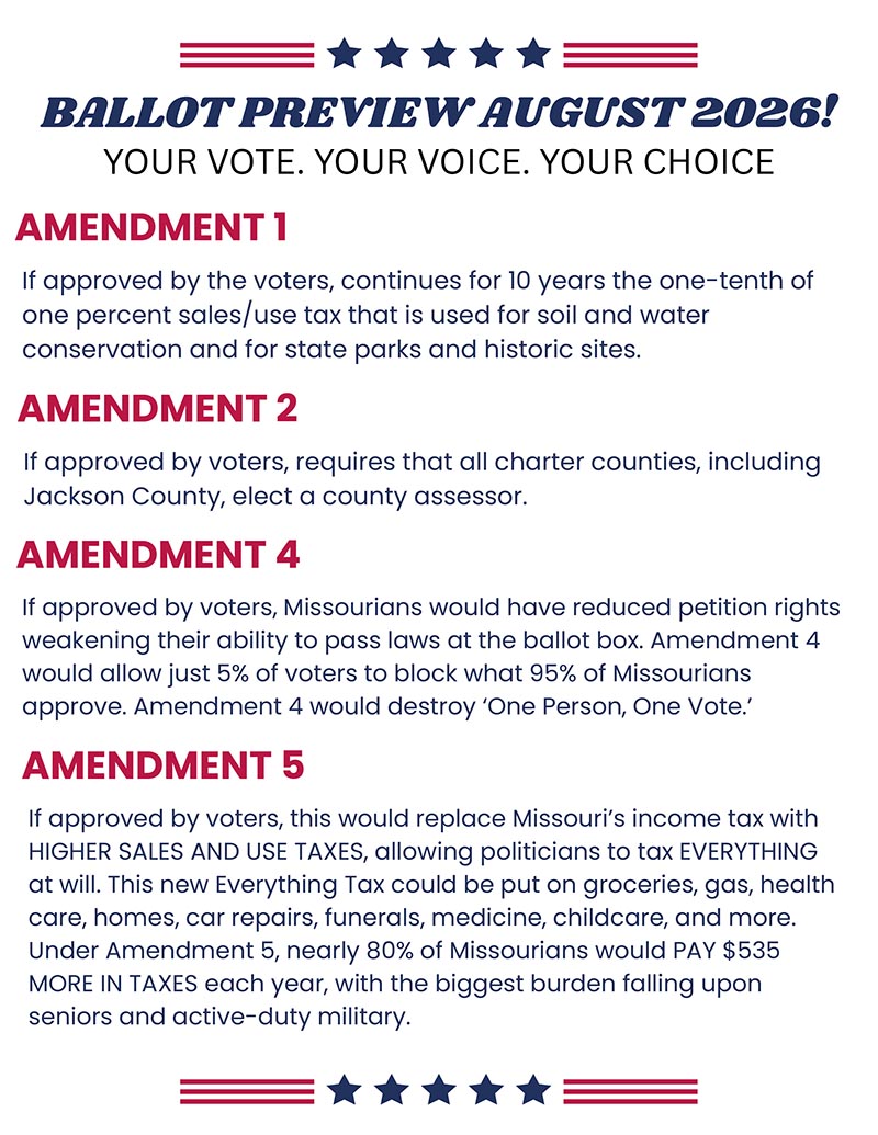 Infographic displaying a Missouri ballot guide breakdown for constitutional changes
