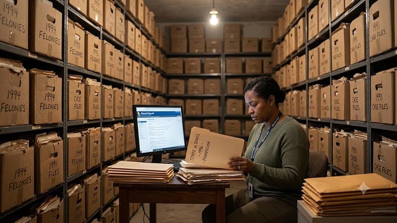 A county clerk processing paper records to resolve the Missouri marijuana expungement backlog.