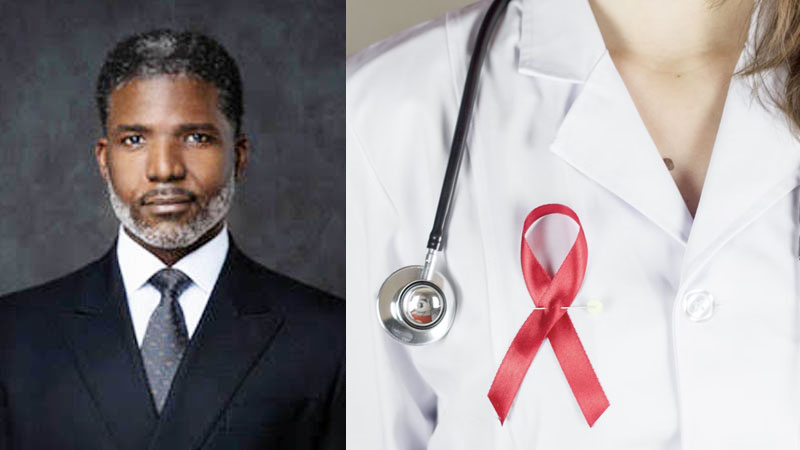 A split image showing a professional man in a suit and a medical professional with a red ribbon symbolizing health awareness.