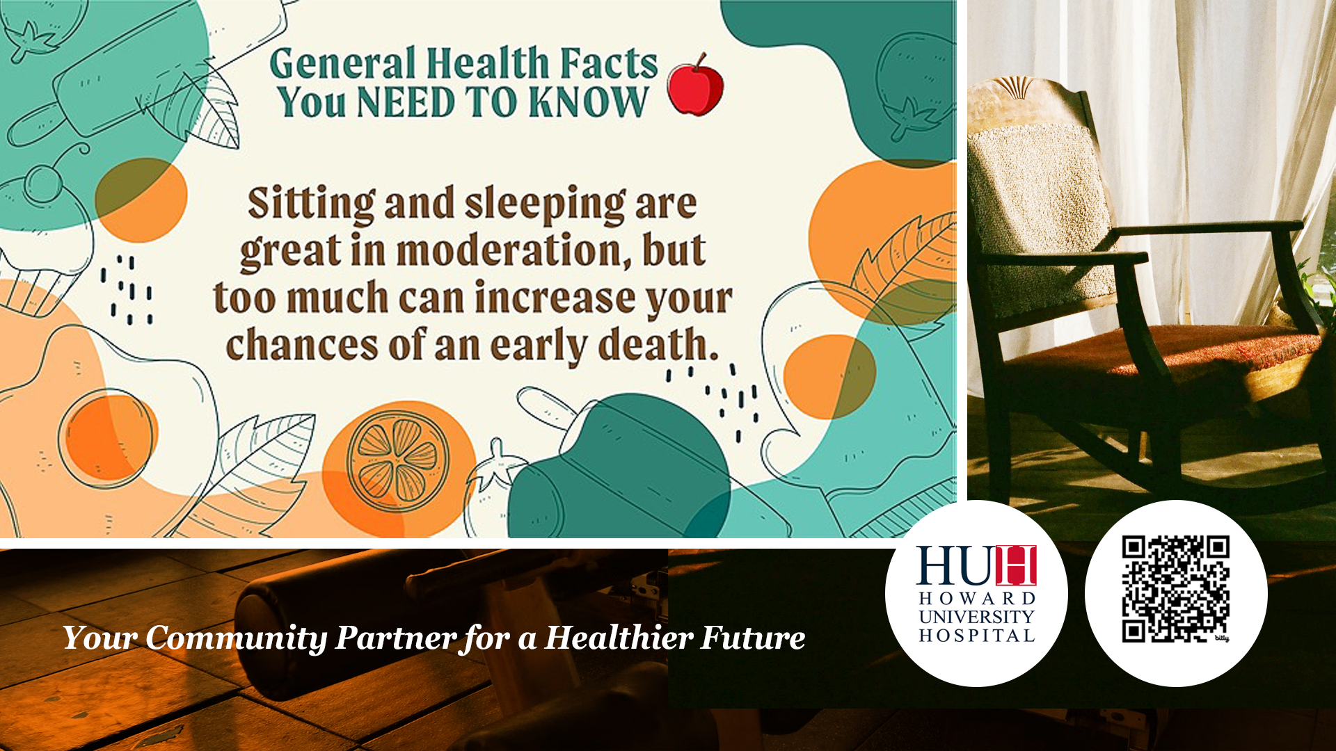 A wooden rocking chair near a sunlit window warning readers about sedentary lifestyle consequences.