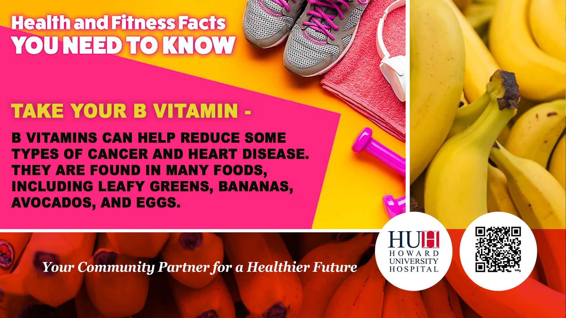 Bright yellow bananas, running shoes, and dumbbells representing energy and B-vitamin health facts.