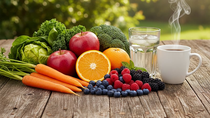 A vibrant assortment of fresh fruits, vegetables, a glass of water, and a cup of coffee on a rustic wooden table outdoors.